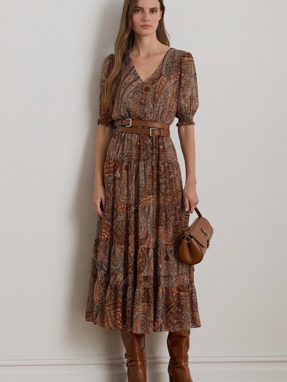 NWT Ralph LAUREN Paisley Belted Crinkle GEORGETTE Dress Women 20W